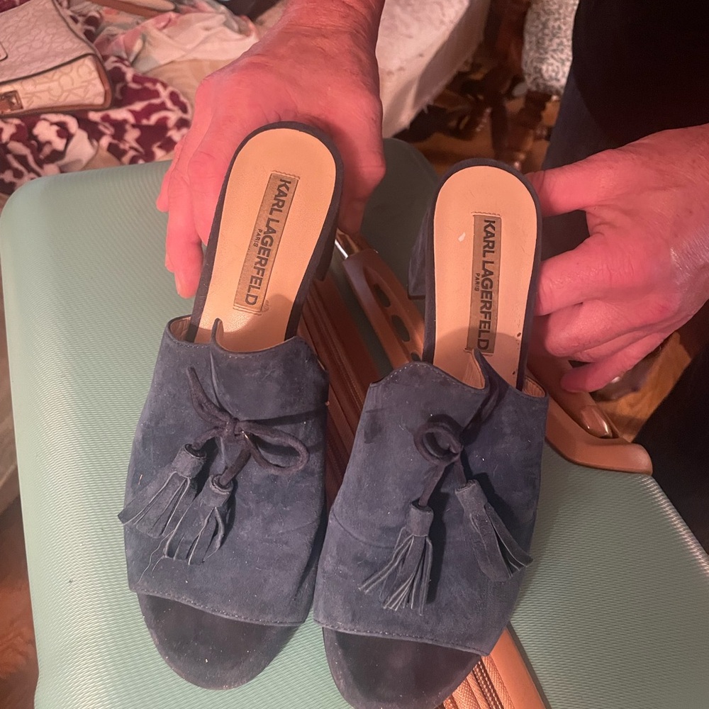 Karl Lagerfeld Paris Women's Dark Blue Suede Mules 8